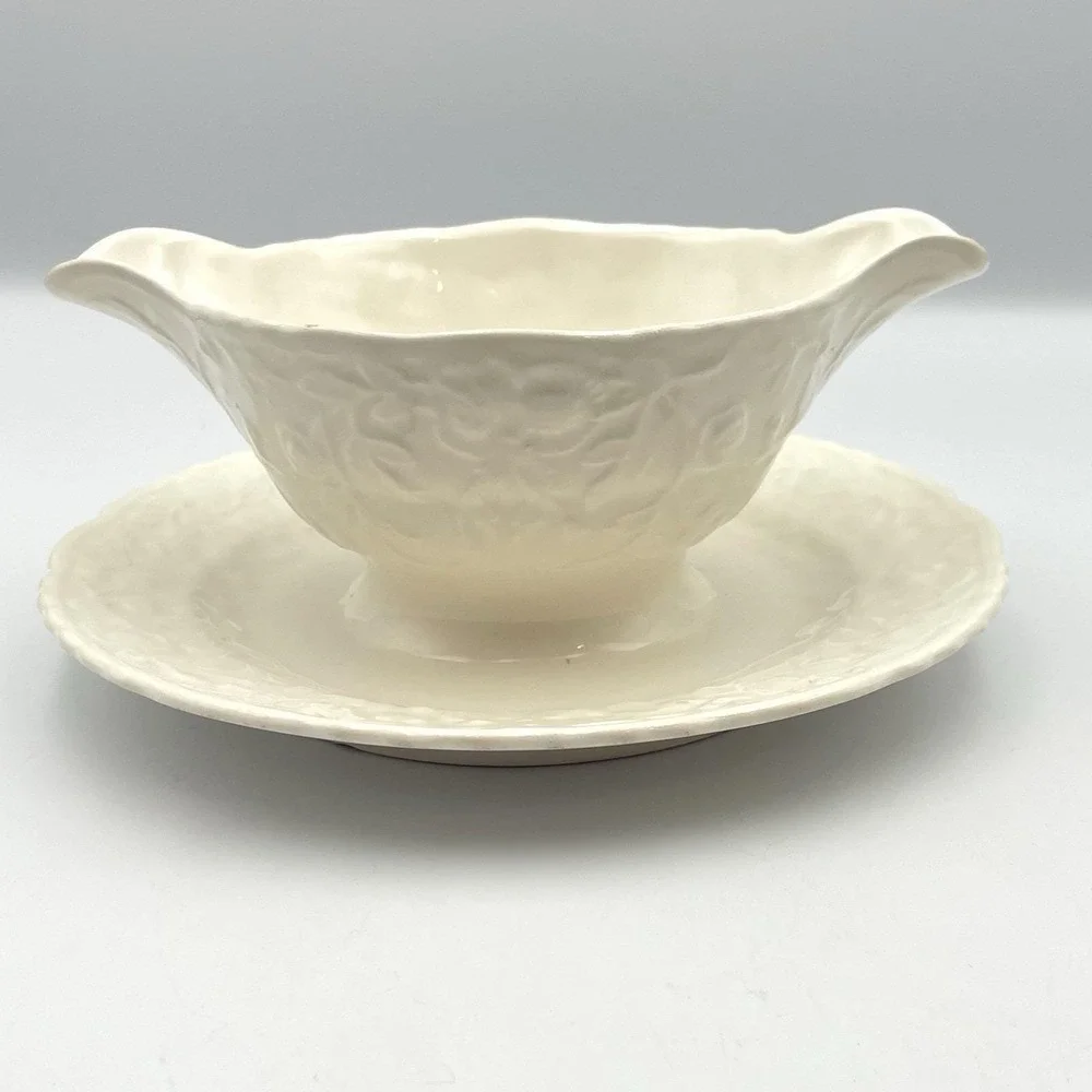 Vintage 1960s Pope Gosser China‎ Rose Point Gravy Boat Attached Underplate USA